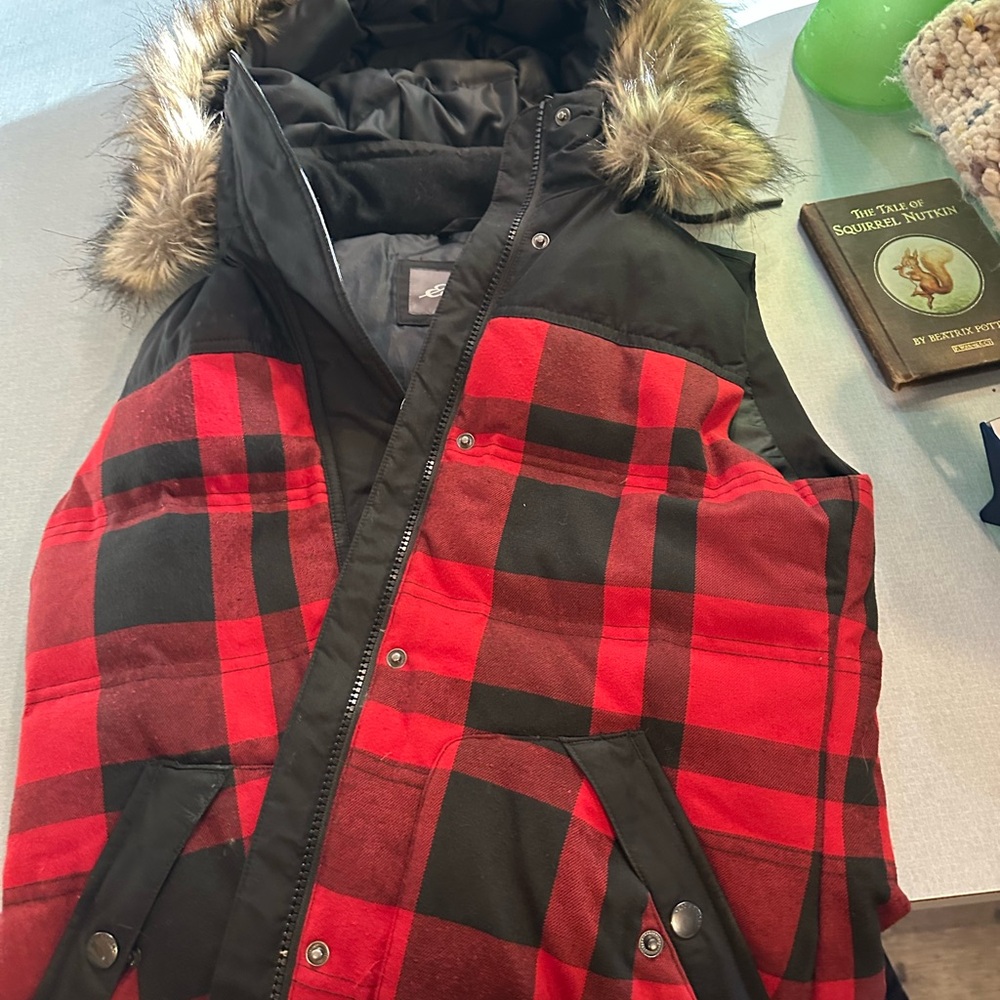 Eddie Bauer Black and Red Plaid Vest with Faux Fur
